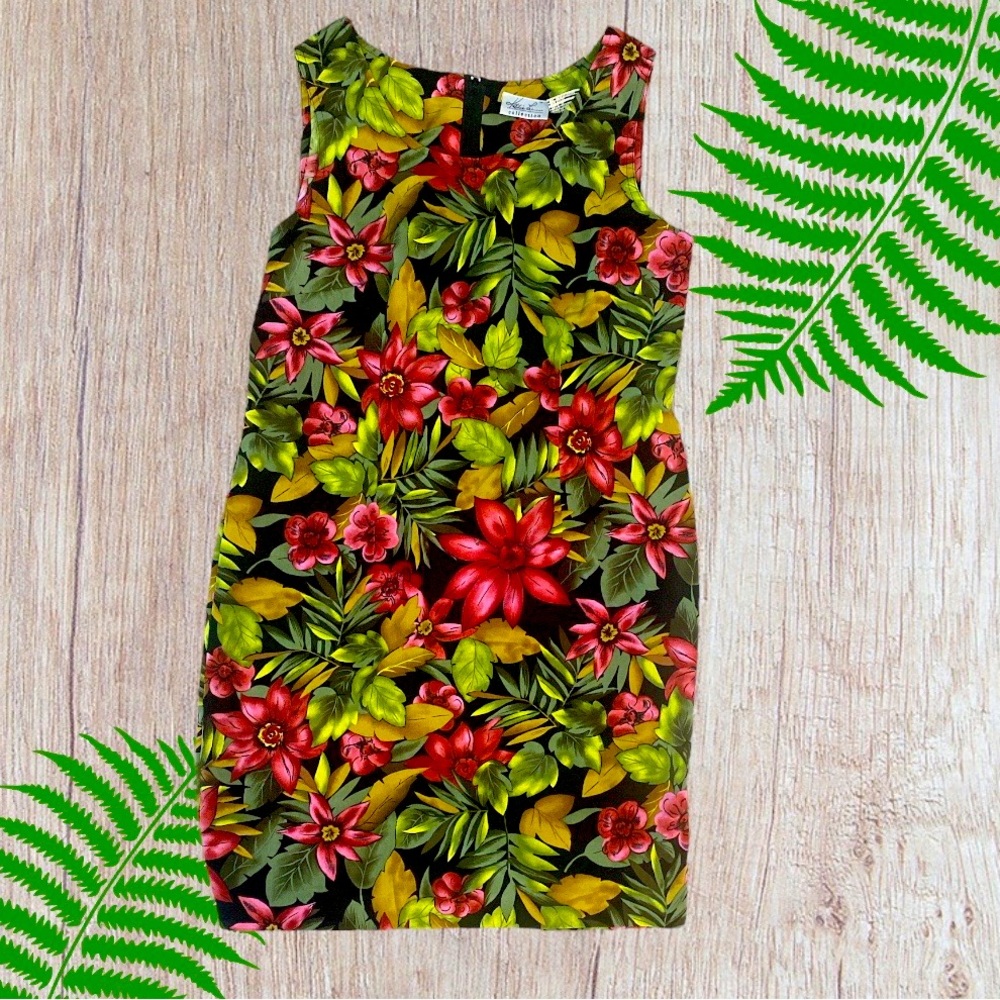 Womens Kathie Lee Collection Black Hawaiian Floral Midi Sheath Dress